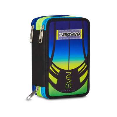 ASTUCCIO triplo scomparto NUANCED VERDE BLU con 3 zip SCUOLA seven COMPLETO di materiale