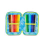 ASTUCCIO triplo scomparto NUANCED VERDE BLU con 3 zip SCUOLA seven COMPLETO di materiale