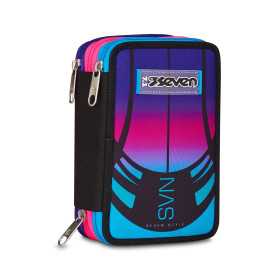 ASTUCCIO triplo scomparto NUANCED AZZURRO ROSA con 3 zip SCUOLA seven COMPLETO di materiale