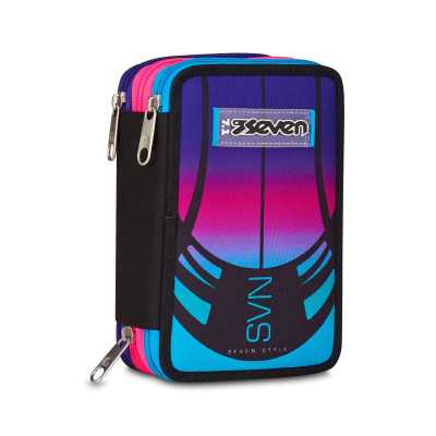 ASTUCCIO triplo scomparto NUANCED AZZURRO ROSA con 3 zip SCUOLA seven COMPLETO di materiale