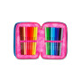 ASTUCCIO triplo scomparto NUANCED AZZURRO ROSA con 3 zip SCUOLA seven COMPLETO di materiale