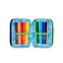 ASTUCCIO triplo scomparto WRITE DOWN BLU VERDE con 3 zip SCUOLA seven COMPLETO di materiale
