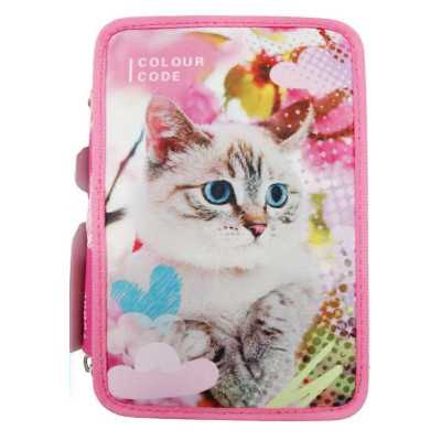 ASTUCCIO triplo scomparto COLOUR CODE 3 zip SCUOLA seven COMPLETO di materiale GATTO ROSA girl ANIMAL SNAPSHOP