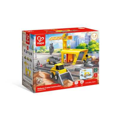 SET FERROVIARIO CON GRU railway crane construction HAPE ferrovia treni in legno SET E3878 età 3+