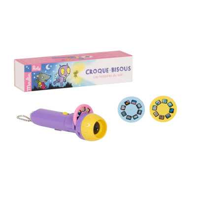 LAMPADA PROIETTA FIABE moulin roty CROQUE BISOUS le storie della buonanotte TORCIA CON 3 RACCONTI età 4+