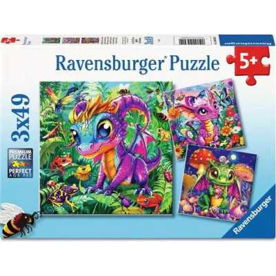 3 PUZZLE DA 49 PEZZI ravensburger PICCOLI DRAGHI DEL GIARDINO 3x49pz BABY GARDEN DRAGONS età 5+