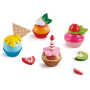 CUPCAKES pasticcini HAPE gioco di imitazione IN LEGNO cucina 18 PEZZI candela frutta wafer E3157 età 3+
