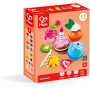 CUPCAKES pasticcini HAPE gioco di imitazione IN LEGNO cucina 18 PEZZI candela frutta wafer E3157 età 3+