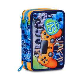 ASTUCCIO triplo scomparto JOYFUL PINS BOY con 3 zip SJ GANG seven COMPLETO di materiale SCUOLA