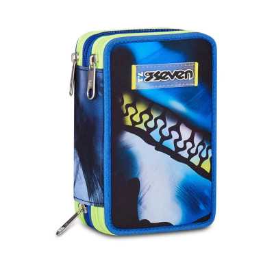 ASTUCCIO triplo scomparto BLU FUSION BOY con 3 zip SEVEN completo di materiale SCUOLA