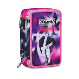 ASTUCCIO triplo scomparto BUZZY NOTE GIRL con 3 zip SEVEN completo di materiale SCUOLA