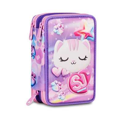 ASTUCCIO triplo scomparto GLOWCAT GIRL con 3 zip SJ GANG seven COMPLETO di materiale SCUOLA