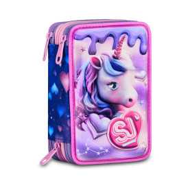 ASTUCCIO triplo scomparto PIXIE UNICORN GIRL con 3 zip SJ GANG seven COMPLETO di materiale SCUOLA
