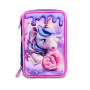 ASTUCCIO triplo scomparto PIXIE UNICORN GIRL con 3 zip SJ GANG seven COMPLETO di materiale SCUOLA