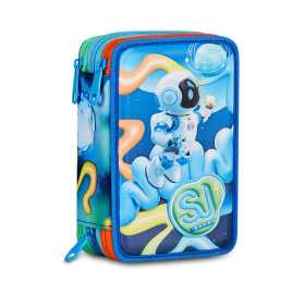 ASTUCCIO triplo scomparto SPACE RIDE BOY con 3 zip SJ GANG seven COMPLETO di materiale SCUOLA