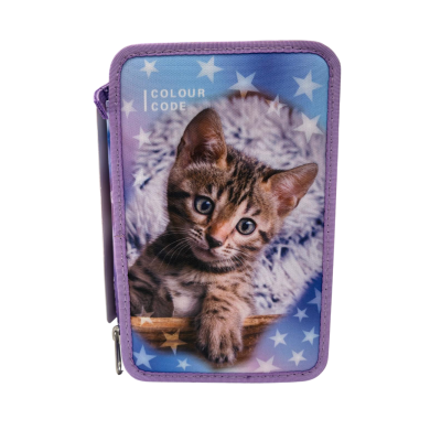 ASTUCCIO triplo scomparto COLOUR CODE animal VIOLA con 3 zip GATTO completo di materiale SEVEN