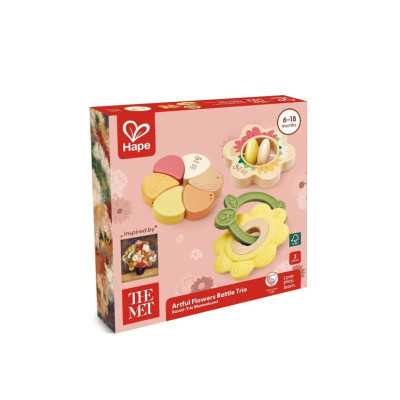 ARTFUL FLOWERS RATTLE TRIO sonagli FIORI in legno E0144 gioco HAPE età 6 mesi +