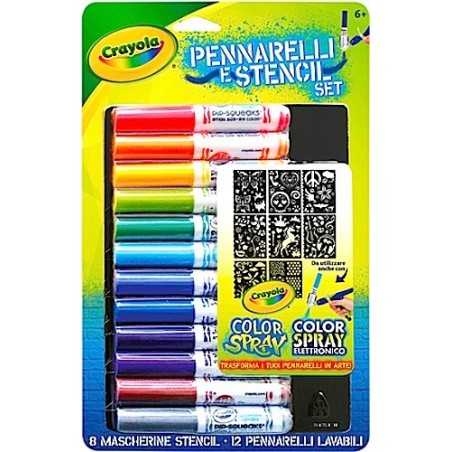 RICARICA Crayola SET boy 12 PENNARELLI LAVABILI + 8 STENCIL color spray COLORI età 6+
