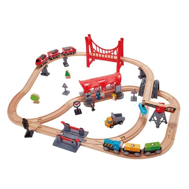 SET ferrovia CITTA' TRAFFICATA busy city TRENO in legno HAPE gioco E3730  trenino BINARI età 3+