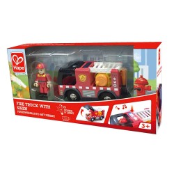 CAMION DEI POMPIERI CON SIRENA trenino in legno HAPE fire truck with siren E3737 luci e suoni A PILE età 3+ Hape - 1