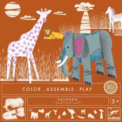 12 ANIMALI DI CARTA kit artistico SAVANA da montare e colorare DJECO set creativo DJ08003 età 5+ Djeco - 1