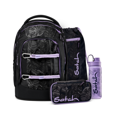 ZAINO scuola SATCH pack set BETTY GREY limited edition CON BORRACCIA ASTUCCIO E SACCA ergonomico NERO E VIOLA Satch - 1