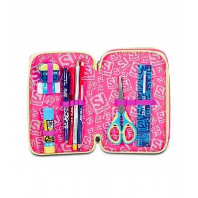 Astuccio Tinta Unita Glitter Con Farfalle E Unicorno – 3 Zip, Completo Di Cancelleria (Rosa)